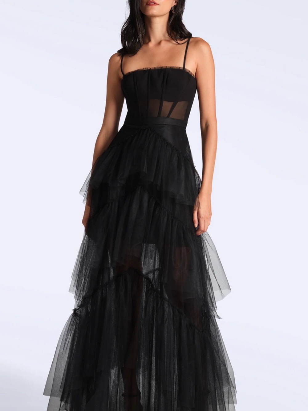 Betsy Adam Black Oly Tiered Ruffle Tulle Evening Gown